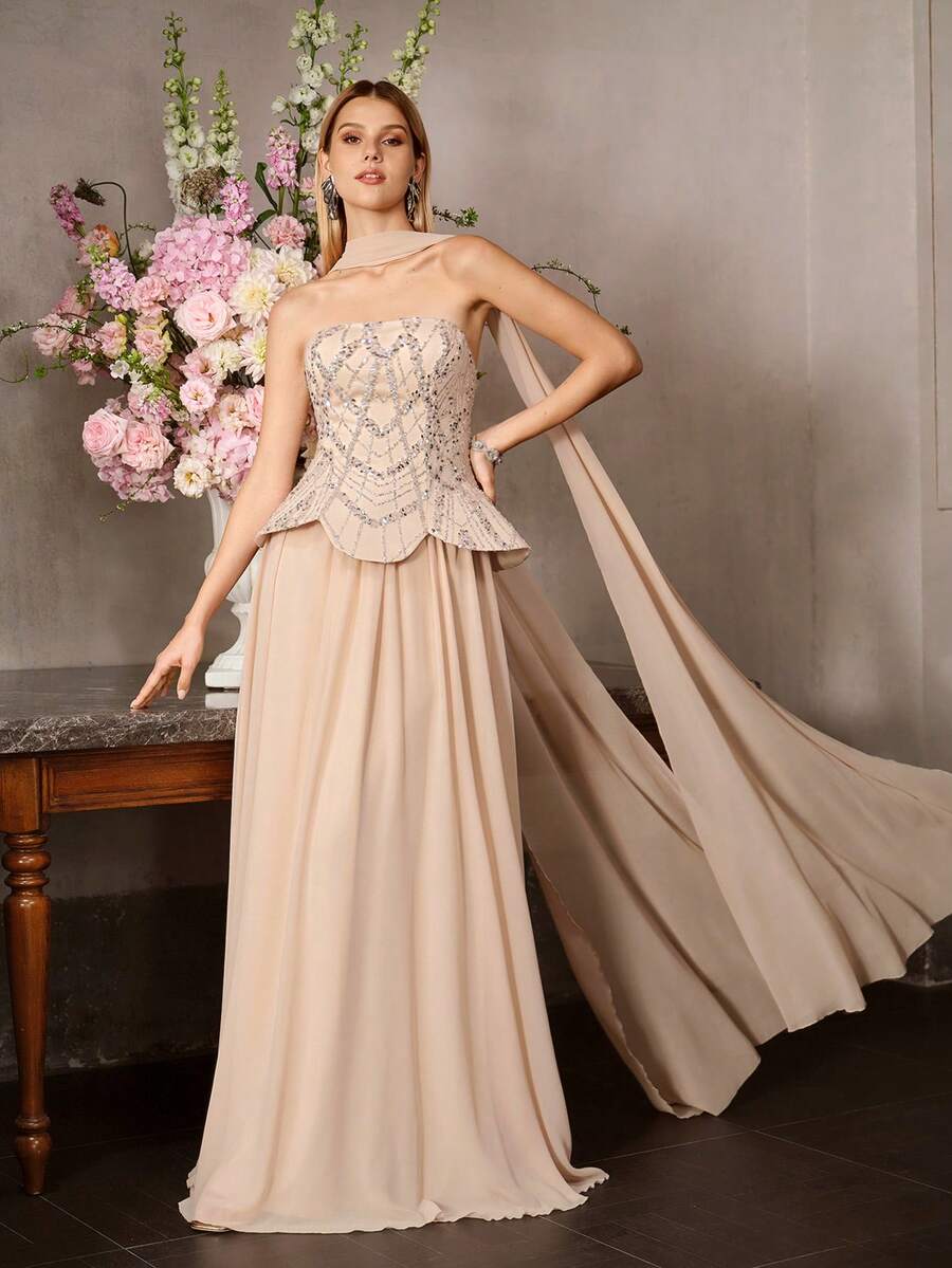 MOTF PREMIUM VESTIDO DE FIESTA ELEGANTE CONVERTIBLE SIN TIRANTES DE LARGO HASTA EL SUELO - DETALLE DE LAZO EN LA ESPALDA, TELA CON CUENTAS DE GASA MEZCLADA, SILUETA ENTALLADA PARA FIESTAS, BODAS Y EVENTOS FORMALES