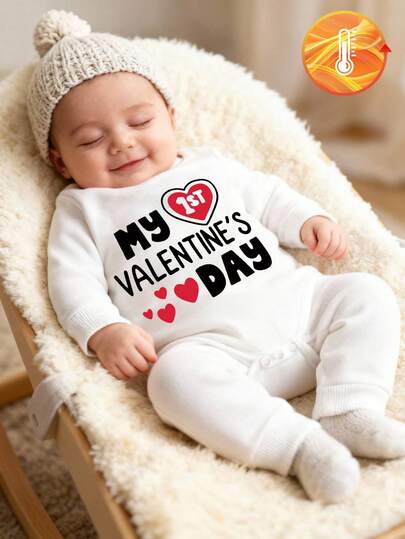 SHEIN Baby Unisex Infant Toddler 0-3Y Spring/Autumn White Minimalist Black Letter Print Crew Neck Long Sleeve Bodysuit With Solid White Pants Set, Suitable For Outings, Home, Sports, Parties, Valentine's Day Pattern, My First Valentine's Day Baby Boy Valentines Outfit Baby Valentine Outfit My First Valentines Day Outfit Baby Valentines Clothes Valentine S Day Baby Clothes My First Valentines Day Romper Baby Valentines Outfit My 1st Valentines Day Outfit