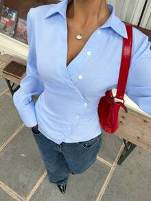 Muchica Blue Striped Woven Casual Long Sleeve Shirt - Blue - View 1