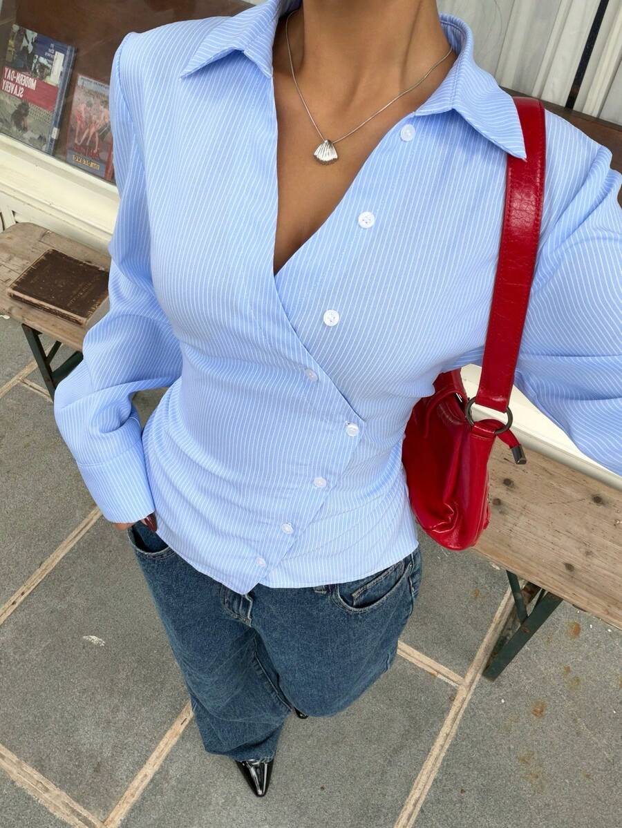 Muchica Blue Striped Woven Casual Long Sleeve Shirt - Blue - View 1