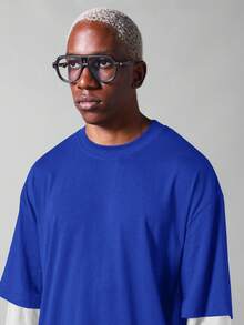 SUMWON 双层袖休闲T恤，圆领宽松版型，舒适棉混纺面料，适合春夏日常穿着，纯色款 - 藍色 - 查看 5