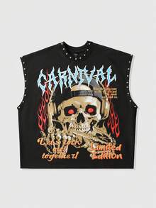 ROMWE MEN Street Life Camiseta de tirantes holgada con estampado de letras y calavera para hombre - Negro - Ver 1