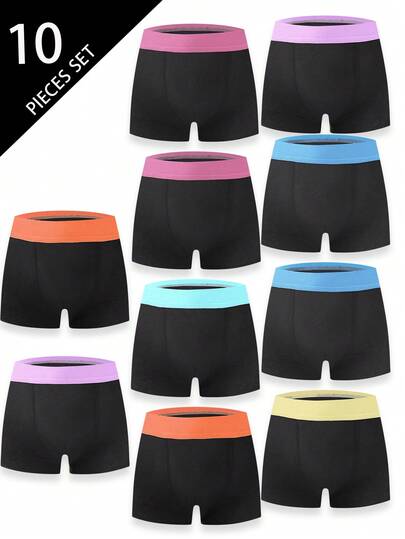 Tween Boys Trunks-Boxer Briefs 10 Pack Black With Assorted Neon Waistbands Blue Yellow Pink Teal Orange Purple Comfortable Stretch Waistband Tagless Durable Everyday Sports School Sleep Travel Four Season 2026 Holiday Essential