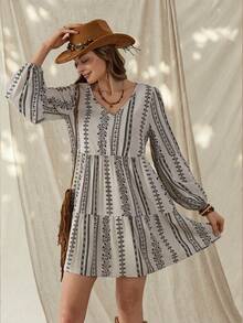 Wildy 休闲美式西部乡村复古条纹春夏日常基本款长袖迷你连衣裙 - 彩色 - 查看 5