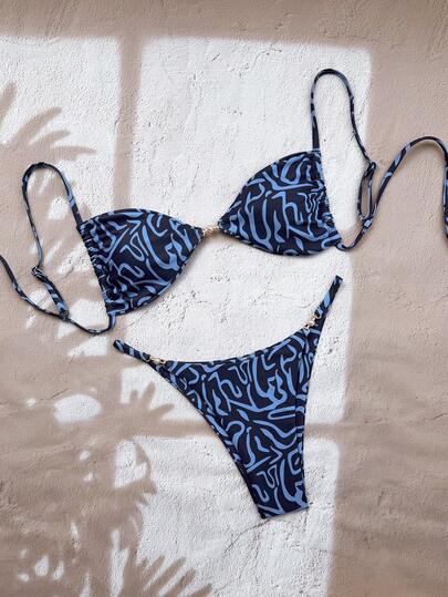 Swim Mod Bộ bikini 2 mảnh họa tiết hoa nhí, cài ngọc trai bên hông, buộc dây phía trước, cạp cao, dành cho nữ, thích hợp cho kỳ nghỉ biển, màu xanh navy. Bộ bikini họa tiết, bikini đi nghỉ mát, bikini 2 mảnh.