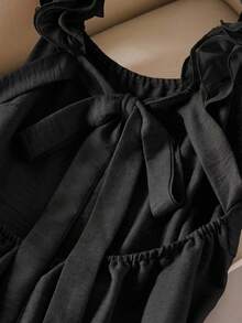 CosyJoli 大码女式荷叶边吊带背心，休闲时尚大码吊带背心，后背系带蝴蝶结 - 黑色 - 查看 4