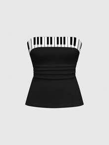 ROMWE Kawaii Áo hai dây ngắn gợi cảm in hình đàn piano dành cho nữ - màu đen - Xem 2