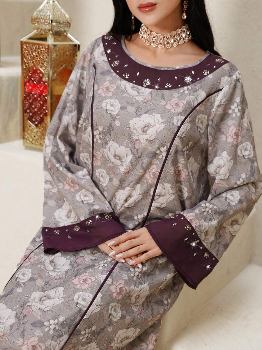 Al Najma Women's Floral Print Rhinestone Decor Round Neck Long Sleeve Elegant Arabic Style Maxi Dress