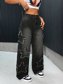 SHEIN PETITE Quần jeans nữ phong cách Y2K, quần jeans ống rộng dáng suông thoải mái với họa tiết ngôi sao, quần ống rộng, trang phục đi học, trang phục ngày Quốc khánh 4 tháng 7, quần jeans rộng màu xanh dương, màu xanh dương - màu đen - Xem 5