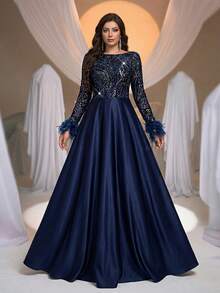 Aureia 大码优雅浪漫船领蓝色奢华亮片拼接婚纱，长袖薄纱袖羽毛拼接大A字裙，适合婚礼、派对、庆典活动、正式场合（重工装饰设计） - 藏蓝色 - 查看 6