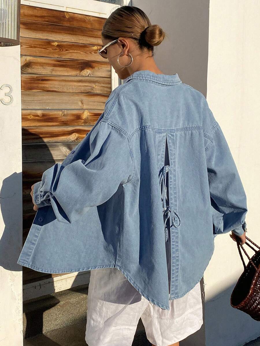 DAZY 女士宽松休闲度假风做旧牛仔外套，配蝴蝶结肩带，春夏款