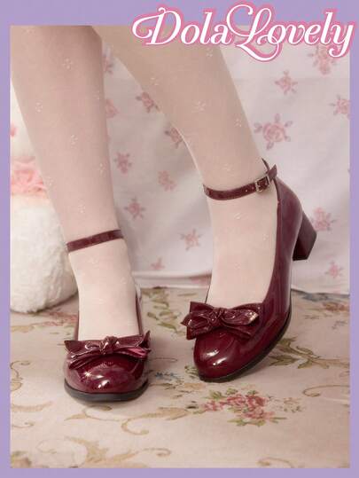 Dola Lovely Women's Glossy Burgundy Bow Decor Round Toe Lolita Style School Girl JK Outfit Mary Jane High Heel Shoes Valentine's Day