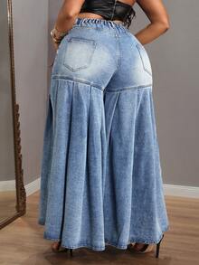 Slaydiva Plus Size Women Casual Fashion Street Chic Daily Commute Pleated Loose Wide Leg Jeans - Coffee Brown - View 2