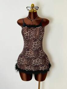 2 Stück Set Damen Leoparden-Muster Trägerkleid mit Fellbesatz - Verschiedenfarbig - Übersicht 3