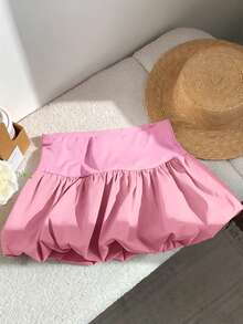 SHEIN EZwear 女士纯色高腰时尚泡泡裙，适合度假穿着 - 粉色 - 查看 6