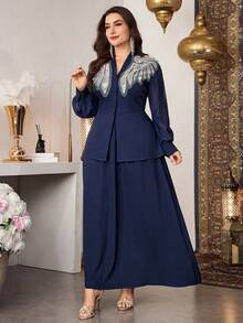 Modelyn Plus Size Women's New V-Neck Elegant Pearl Embroidered Applique Waist Cinching 2 Pieces Set - Navy Blue - View 3