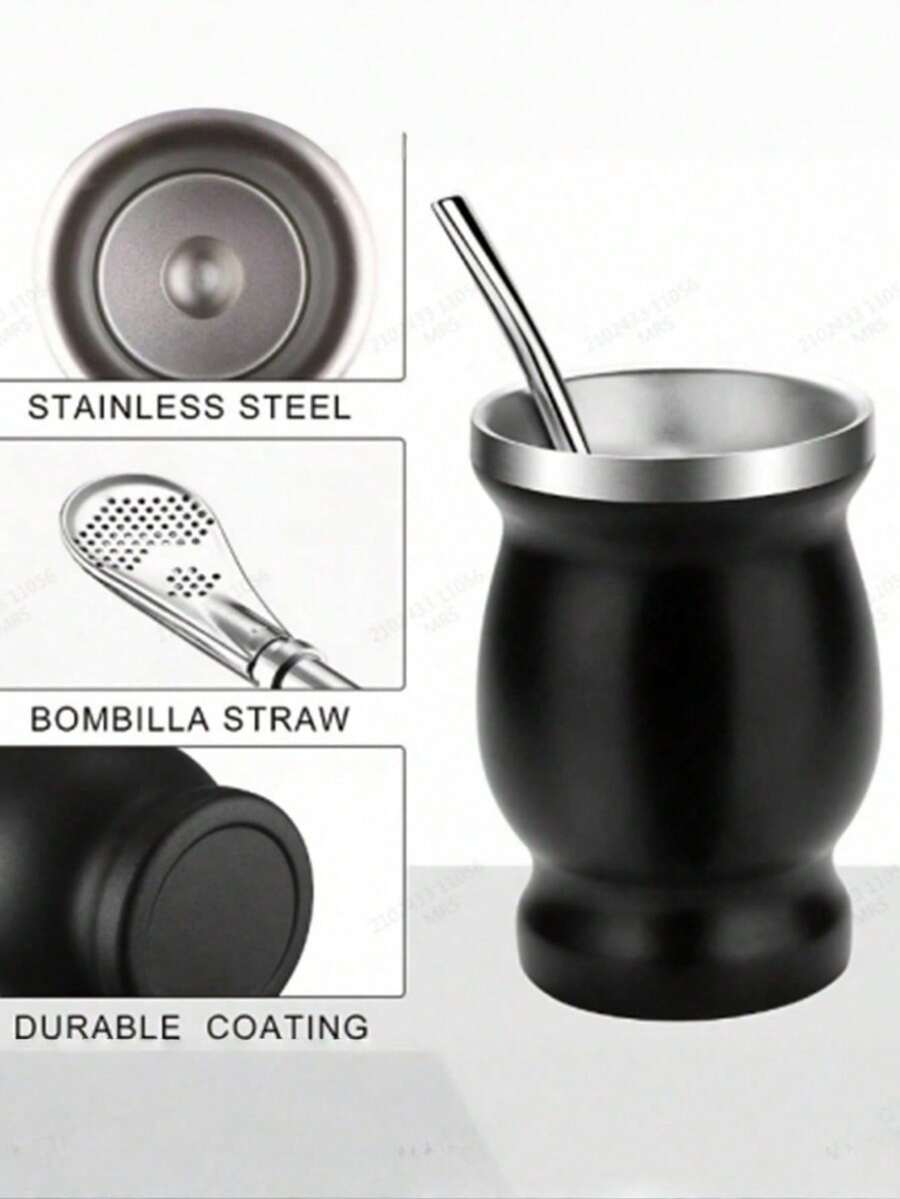 1/2个阿根廷马黛茶18/8不锈钢双层葫芦形马黛茶杯 - 黑色 - 查看 1