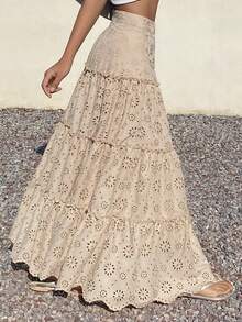 Livesso 蕾丝拼接荷叶边下摆休闲女裙 - 杏色 - 查看 5