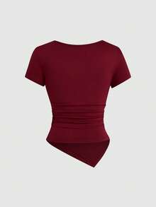 Sweetra T-shirt ajusté à manches courtes avec ourlet asymétrique minimaliste de couleur unie grande taille - Noir - Voir 17