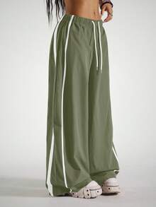 StreetHx Women's Striped Elastic Waist Fashionable Versatile Loose Sports Barrel Leg Pants - Green - View 3