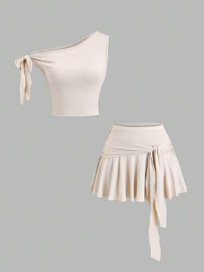 Sweetra Conjunto de 2 piezas de unicolor con hombros anudados, minimalista para mujer