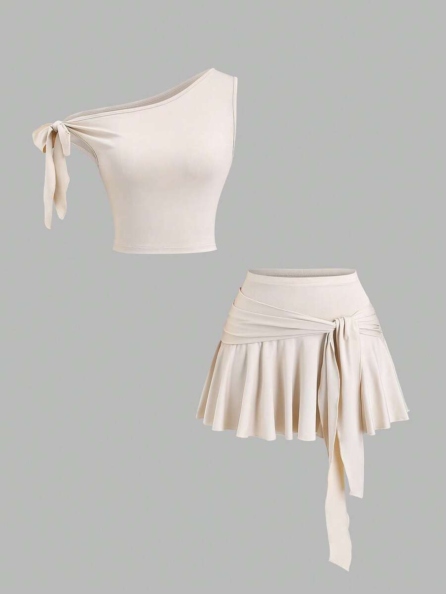 Sweetra Women's Solid Color Tie Shoulder Minimalist 2 Pieces Set ...