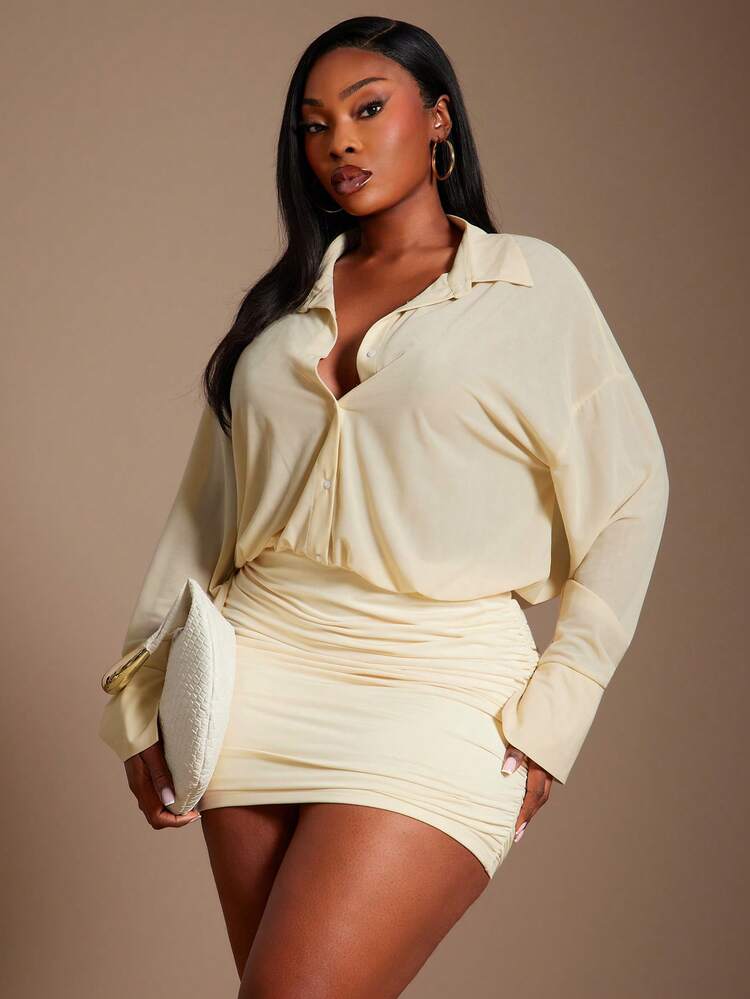 SHEIN SXY Robe chemise mini à manches fluides sexy chic à la française pour femmes grandes tailles - Nude - Voir 7