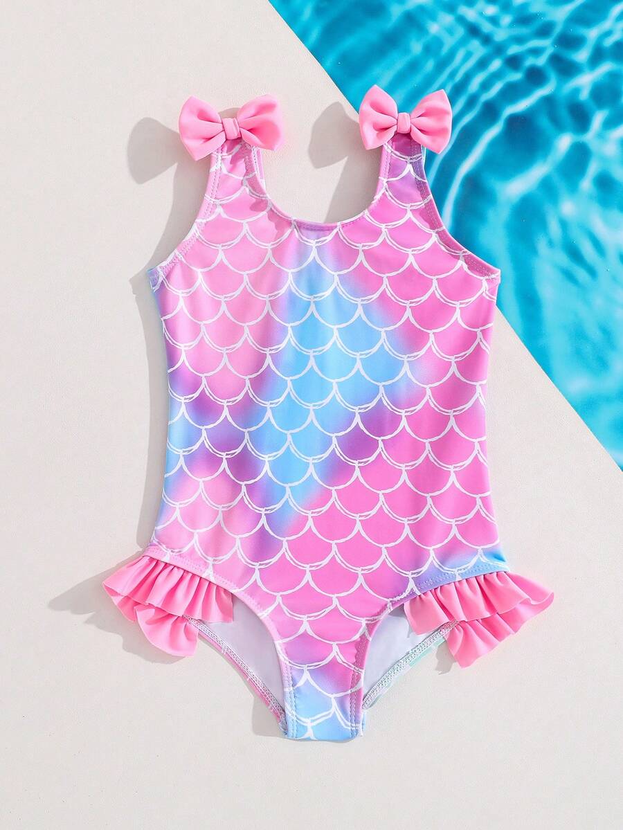 Emery Rose Kids Emery Rose Kids 女童可爱鱼鳞随机印花荷叶边连体泳衣，夏季海滩度假 - 淺粉色 - 查看 1