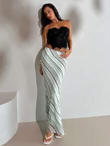 Aloruh Women's Contrast Striped Mesh Bodycon Fishtail Skirt, Casual Holiday Wear - Multicolor - View 6