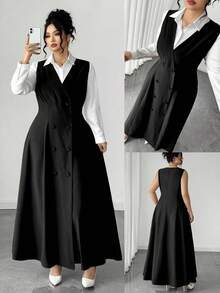 Elenzga Vestido de mujer de talla grande de unicolor con diseño de moneda vintage de doble botonadura, adecuado para volver a la escuela, graduación, San Valentín, festival de música, Día de la Madre, Halloween, Acción de Gracias, Pascua, Día Nacional, baile de graduación, cita, temporada de bodas, excursión al aire libre - Negro - Ver 1