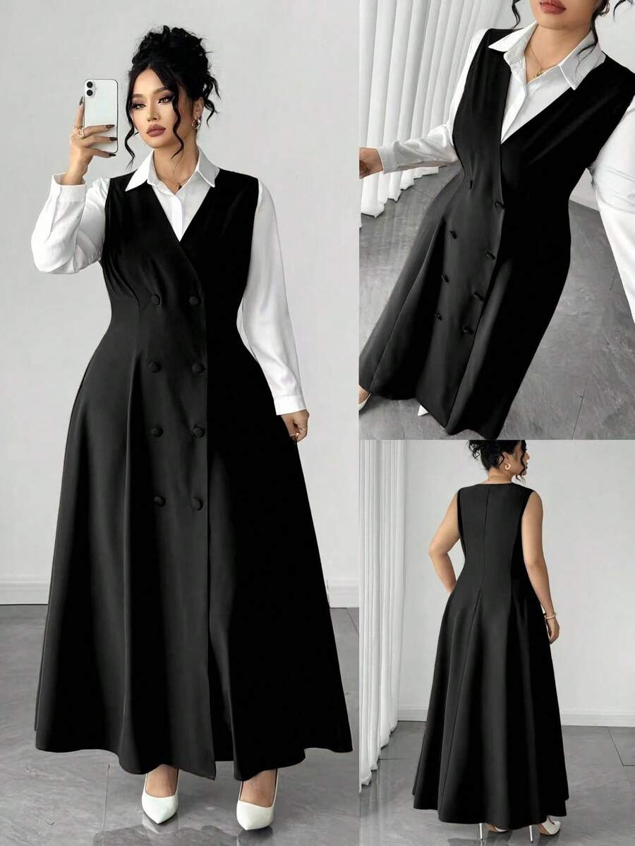 Elenzga Vestido de mujer de talla grande de unicolor con diseño de moneda vintage de doble botonadura, adecuado para volver a la escuela, graduación, San Valentín, festival de música, Día de la Madre, Halloween, Acción de Gracias, Pascua, Día Nacional, baile de graduación, cita, temporada de bodas, excursión al aire libre - Negro - Ver 1