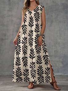EMERY ROSE 休闲度假风杏色底黑色树叶印花女式连衣裙，适合度假穿着 - 彩色 - 查看 5