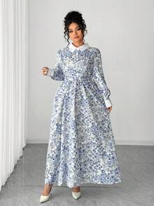 Abito camicia elegante e alla moda da donna Elenzga, con colletto, vita arricciata e stampa integrale a contrasto di colore, abito lungo con maniche lunghe in stile maxi, adatto all'autunno - Blu e Bianco - Visualizzare 3