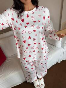 Plus Size Heart Print Crew Neck Long Sleeve Pajama Set, Valentine's Day Print Sleepwear Curve Pajamas Set Women Pjs Set Pajama Sets For Women Long Sleeve Heart Pajama Set Comfy Pajamas Set - Multicolor - View 3