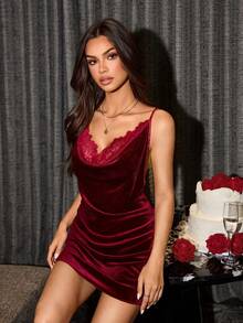 SilkySpell 1pc Women's Elegant Burgundy Velvet Nightgown, Lace Splice Plunging Neck Backless Fitted Mini Dress,Summer Sleep Lingerie,Luxurious Outerwear - Burgundy - View 4