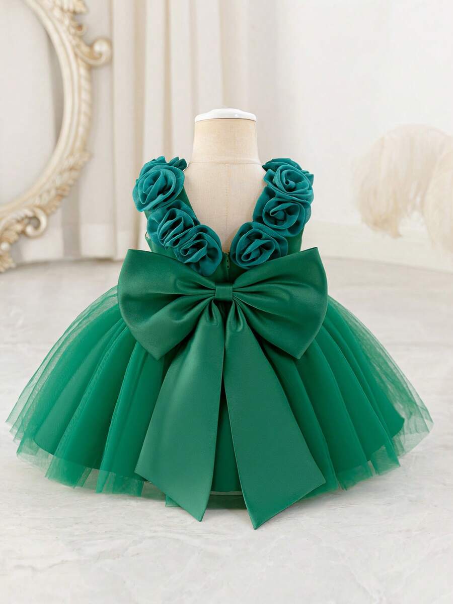 Glamorique Kids 女婴酒红色缎面网纱高档正式连衣裙,饰有3D立体花朵、大蝴蝶结后背和泡泡裙,适合圣诞节、万圣节、宝宝生日派对等场合,也可作为无袖连衣裙用于庆祝活动、宴会和派对。 - 墨綠色 - 查看 1
