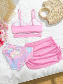 SHEIN Tween Girls 3 PiecesBikini Sets, Pink Criss-Cross Ruffle Print Triangle Bottoms & Skirt Swimsuit, Fashionable & Elegant For Swimming, Vacation, Summer - Pink - View 2