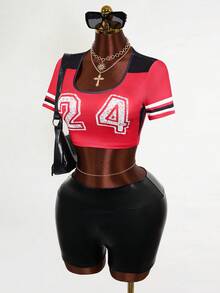 BamGleam 女士撞色字母印花短袖T恤 - 彩色 - 查看 4