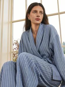 Dazy-Less Women's Striped Drop Shoulder Long Sleeve Casual Loose 2 Pieces Set Business Casual Woman - Blue - View 1