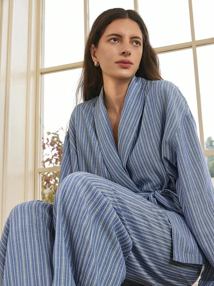 Women's Striped Drop Shoulder Long Sleeve Casual Loose 2 Pieces Set Business Casual Woman