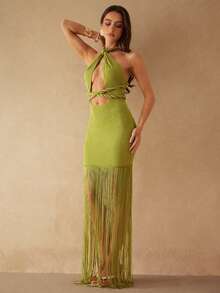 Silquee 女士纯色流苏下摆镂空连衣裙 - 綠色 - 查看 7