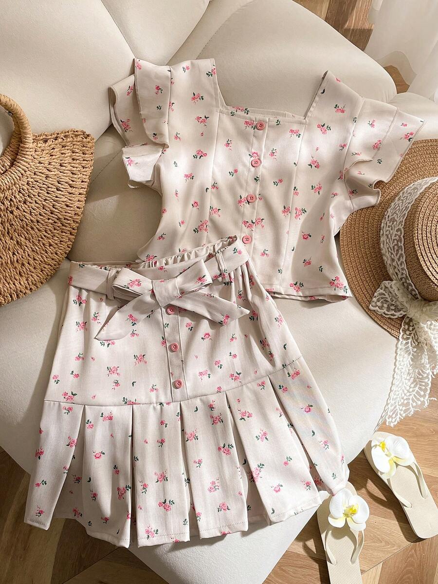 Elladie kids 2件套少女夏季新款荷叶袖前开衩A字裙配腰带碎花休闲套装 - 彩色 - 查看 1