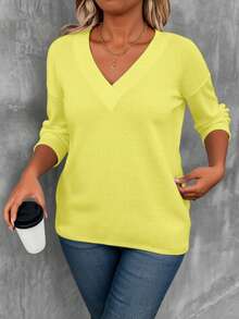 EMERY ROSE Plus Size Solid Color Print Long Sleeve V-Neck Women T-Shirt - Multicolor - View 3