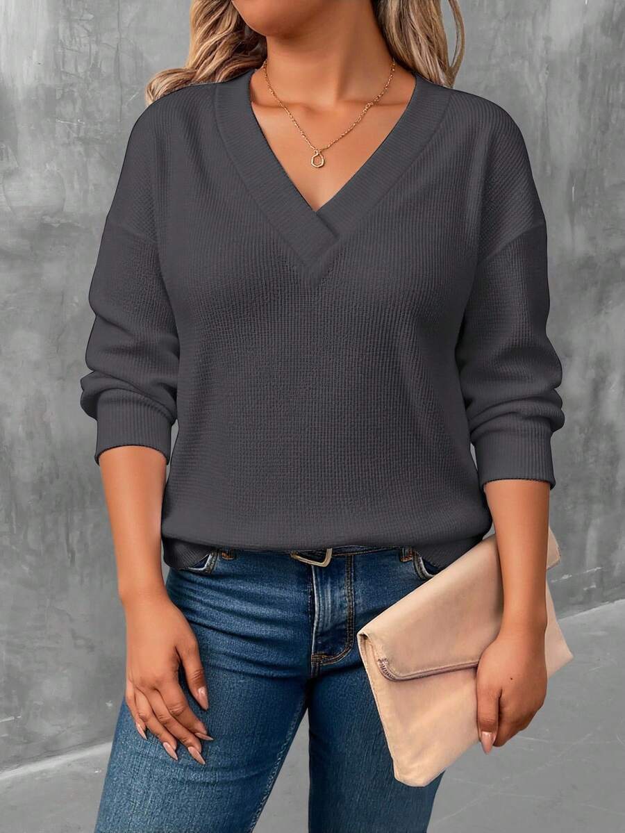 EMERY ROSE Plus Size Women's V-Neck Casual Long Sleeve T-Shirt, Grey Fall - Multicolor - View 1