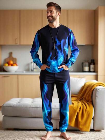 Manfinity VCAY Men's Flame Print Long Sleeve Top And Pants Pajama Set Mens Co Ord Set Men 2 Piece Outfits Blue Mens 2 Piece Long Sleeve Mens 2 Piece Set Blue Mens Blue Flame Set Men 2 Piece Set Two Piece Men Set Blue Mens 2 Piece Outfits Blue Mans 2 Pieces Sets