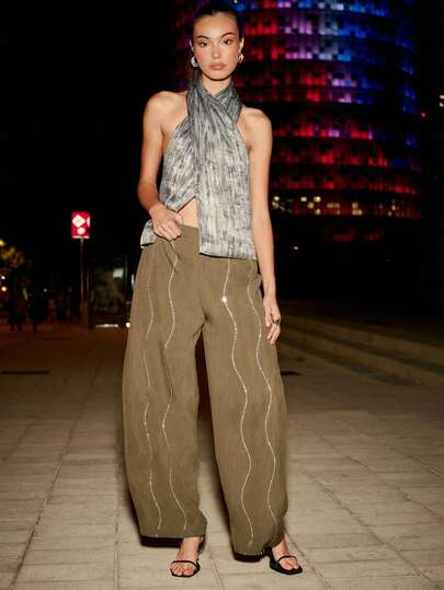 Nöista These Elegant Black Pants Feature A Relaxed Wide-Leg Silhouette Accented With Subtle Sequin Wave Details. Perfect For Spring Break Outfits Nights, Birthday Outfits For Women Clothes Parties, Or Festive Elegant's Outfits, They Combine Comfort And Sophistication In Women's Spring Break Outfits Clothes Collections.