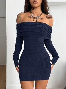 Coolane Women's Fall/Winter Streetwear Y2K Daily Wear Casual Rib Knit Stretchy Bustier Off The Shoulder Mini Dress - Navy Blue - View 6