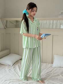 DAZY 夏季女童舒适条纹小熊印花短袖衬衫和裤子睡衣套装 - 綠色 - 查看 4