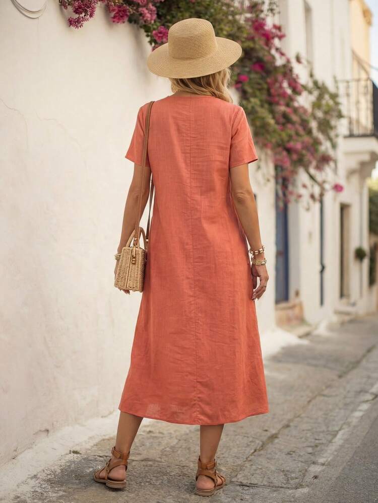 Women's Mid-Length Solid Color Short Sleeve V-Neck Dress, Summer Dresses For Women