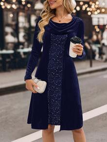 EMERY ROSE Đầm thời trang nữ tay dài cổ khoét sâu, đính sequin, phối nhiều lớp - Màu xanh hải quân - Xem 7